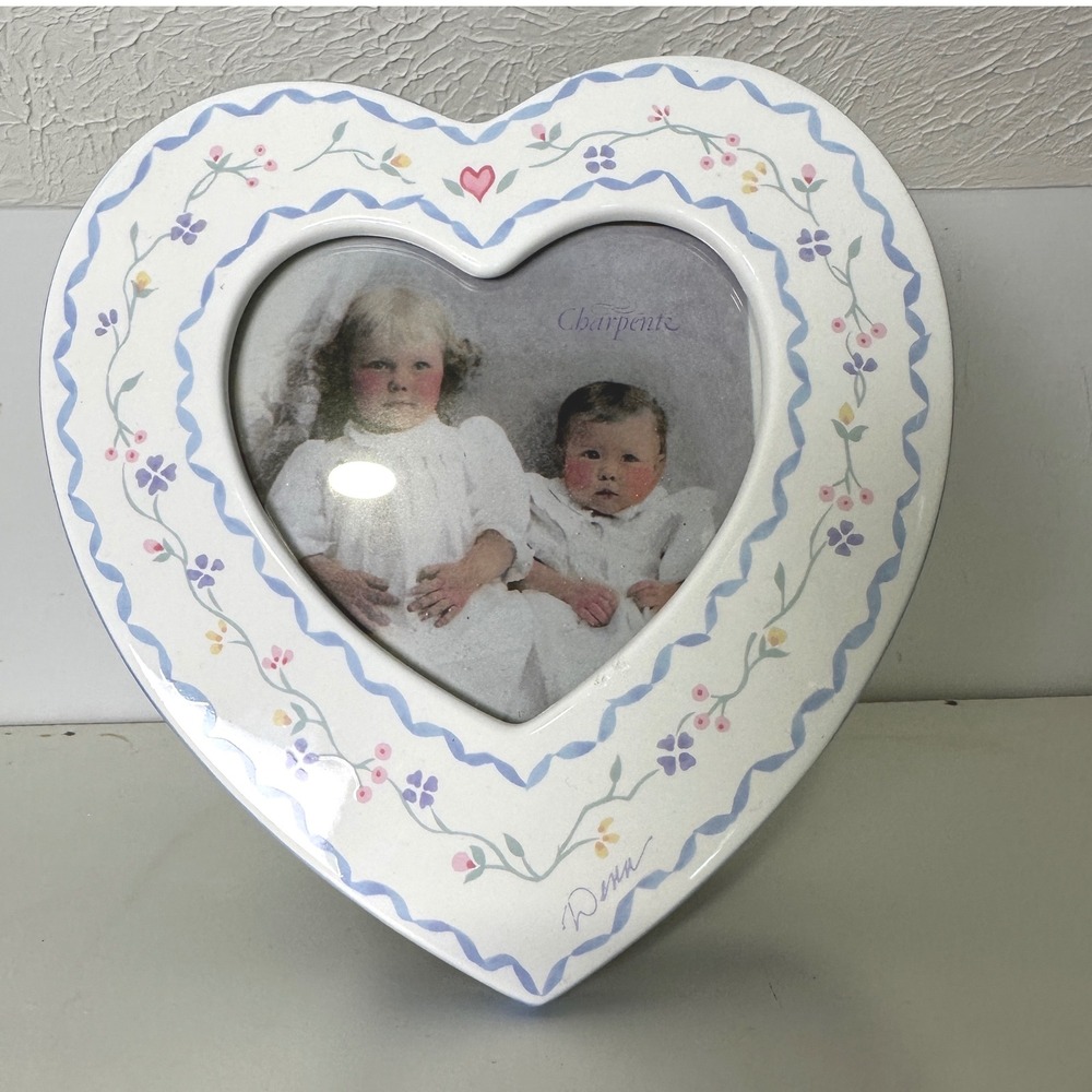 Dena for Charpente Heart Shaped Ceramic Picture Frame Floral Vine White Blue